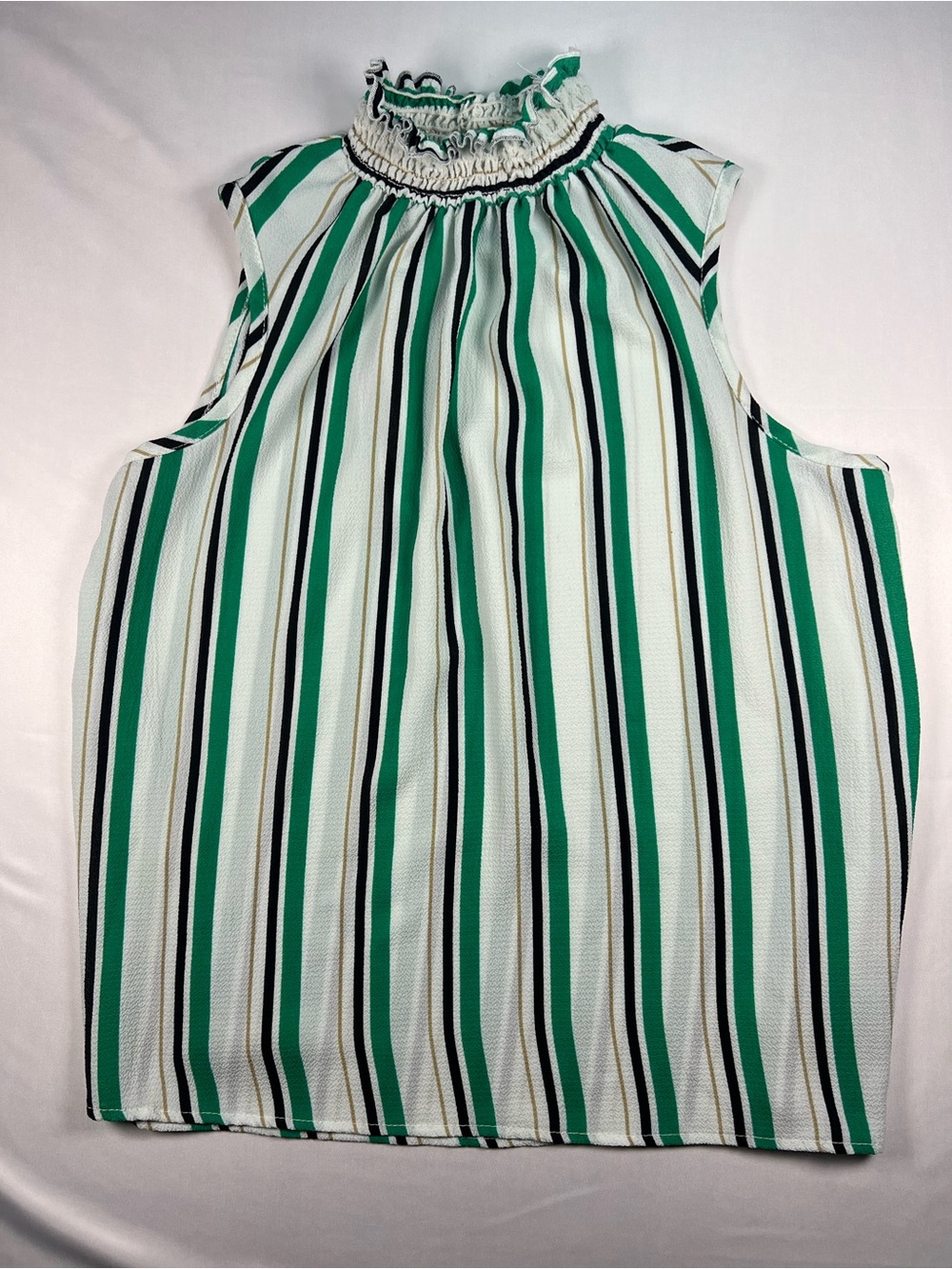 Green & White Striped Mock-Neck Sleeveless Tank